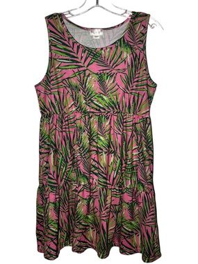 Top It Off Tropical Palm Print Dress Women Small Pink Green Sleeveless Tiered